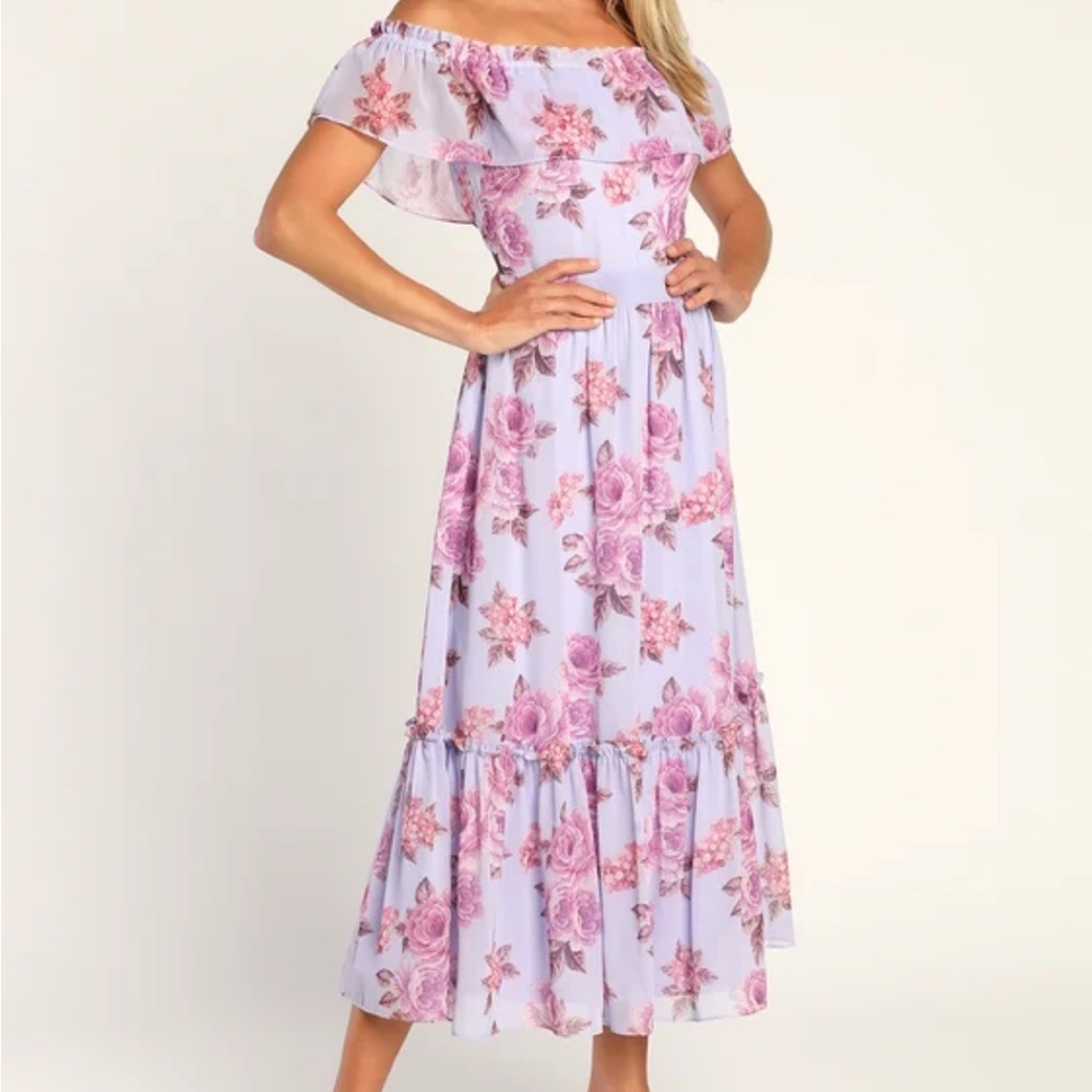 Purple Floral Off-The-Shoulder Tiered Midi Dress